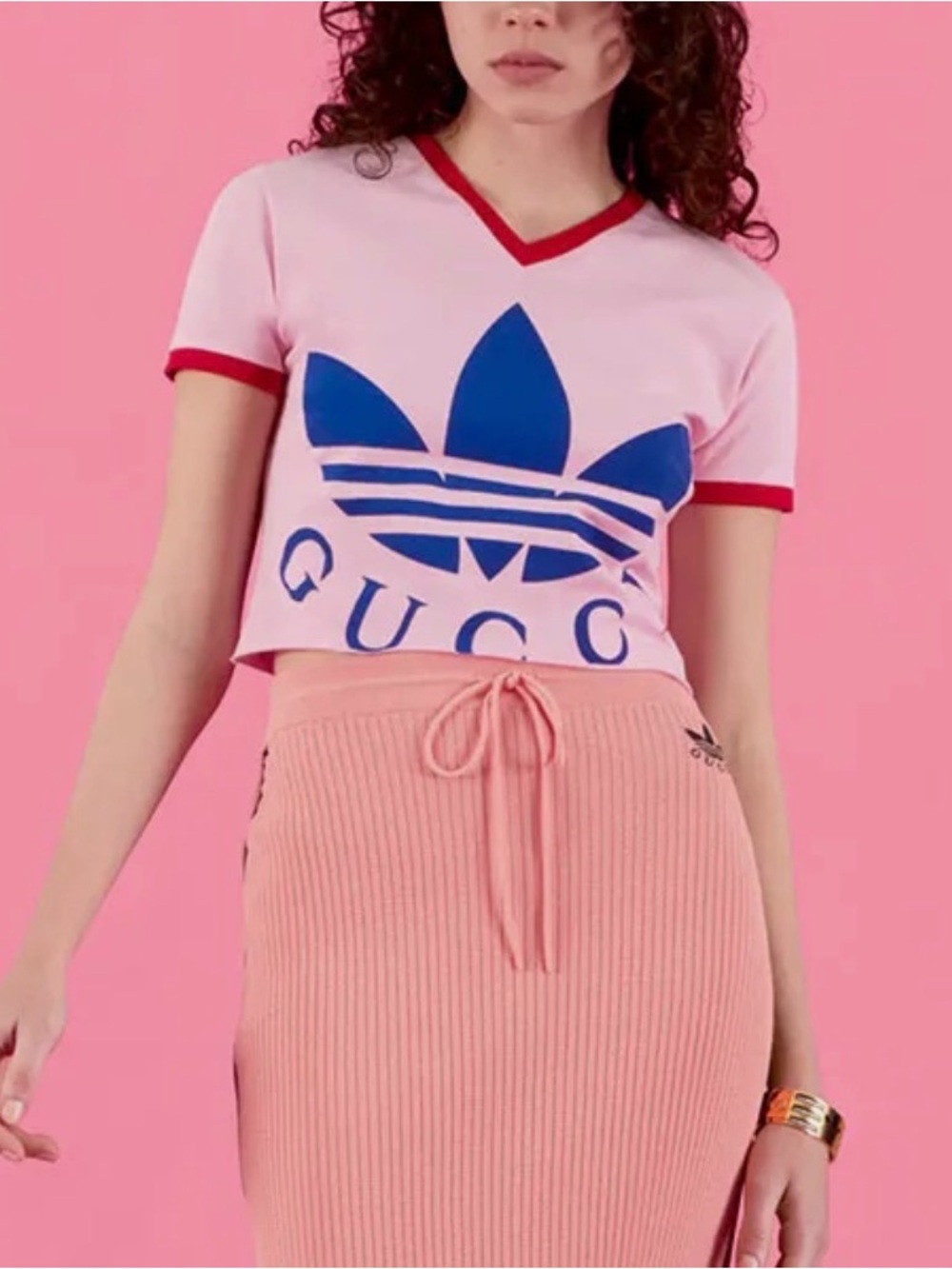 Gucci x Adidas Originals Logo Geometric Print Pink Crop T-Shirt